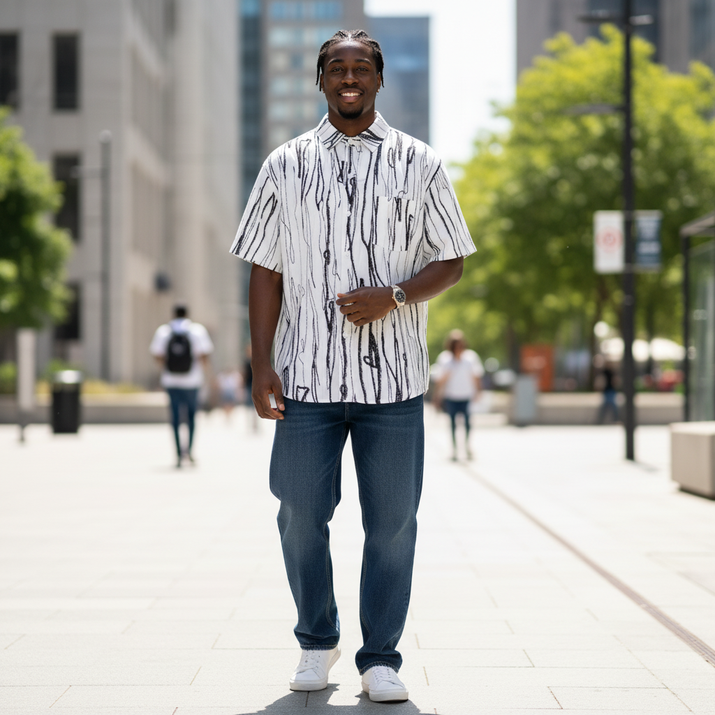 Nigerian male model wearing White All-Over Black Abstract Brushstroke Scribble Print Short-Sleeve Button-Down Shirt