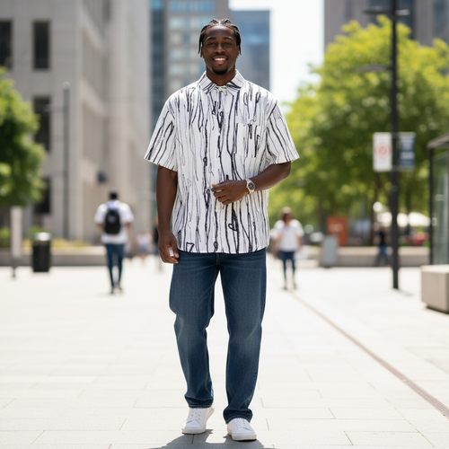 Nigerian male model wearing White All-Over Black Abstract Brushstroke Scribble Print Short-Sleeve Button-Down Shirt