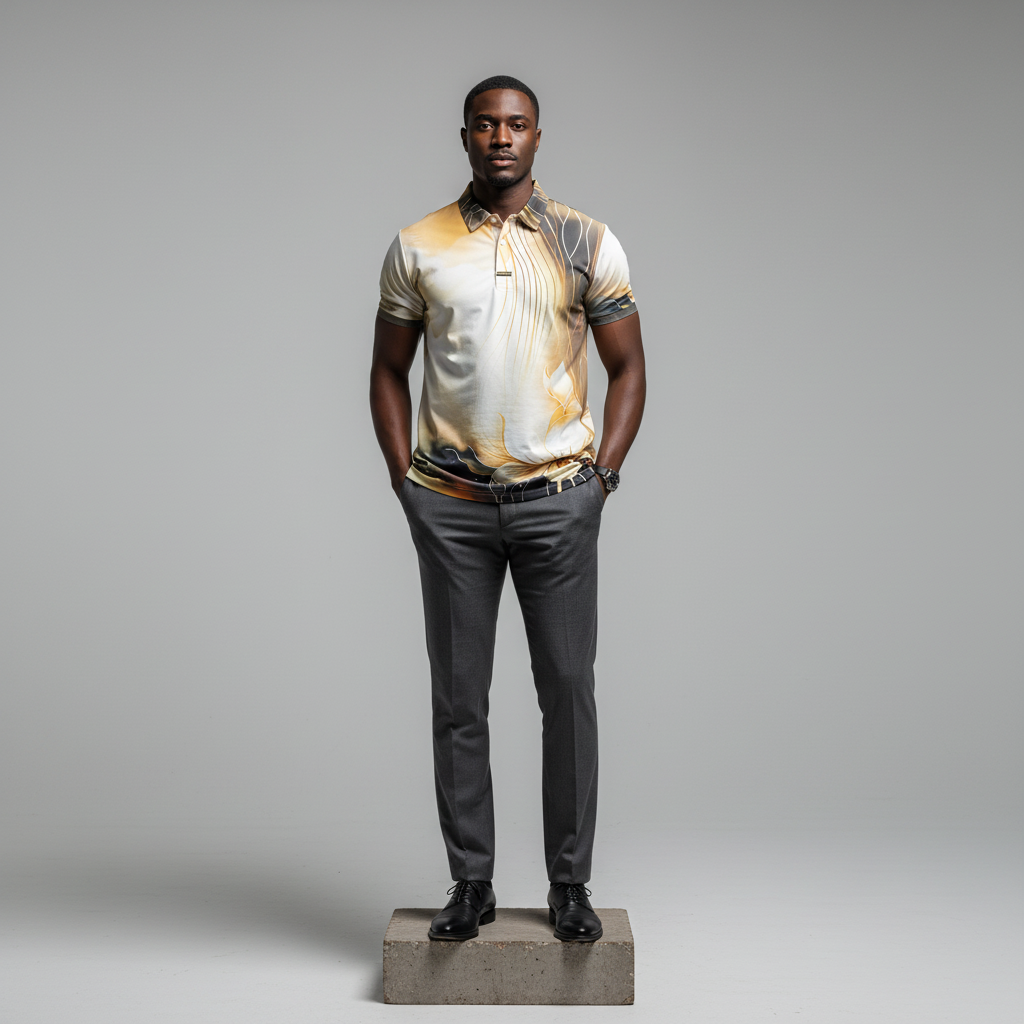 Lotus Floral Ink-Wash Print Polo Shirt - Model Front