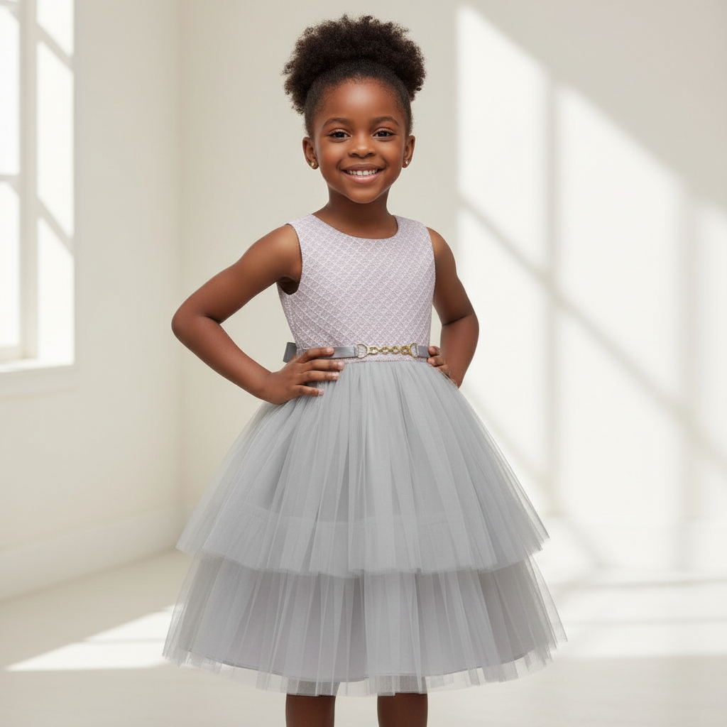 Girls grey tiered tulle party dress on Nigerian child model