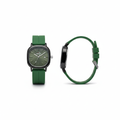 Green strap wristwatch with olive dial shown from the front and side