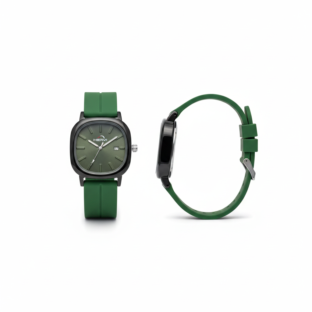 Green strap wristwatch with olive dial shown from the front and side