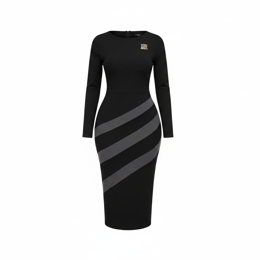 Ghost mannequin view of Women's Black Diagonal Stripe Bodycon Midi Dress
