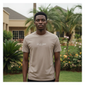 Script Print Crew Neck Tee – Taupe on model