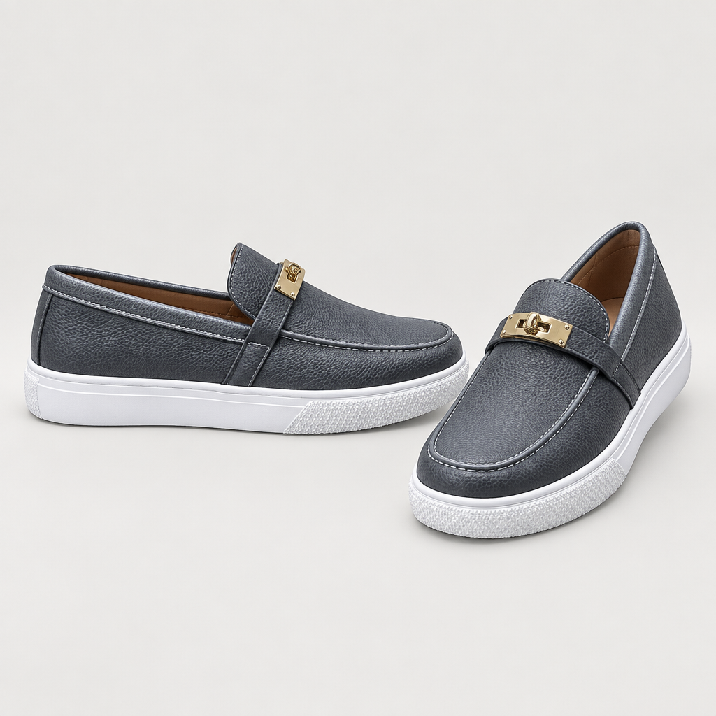 Grey textured loafers with gold-tone detail, pair views