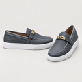 Grey textured loafers with gold-tone detail, pair views