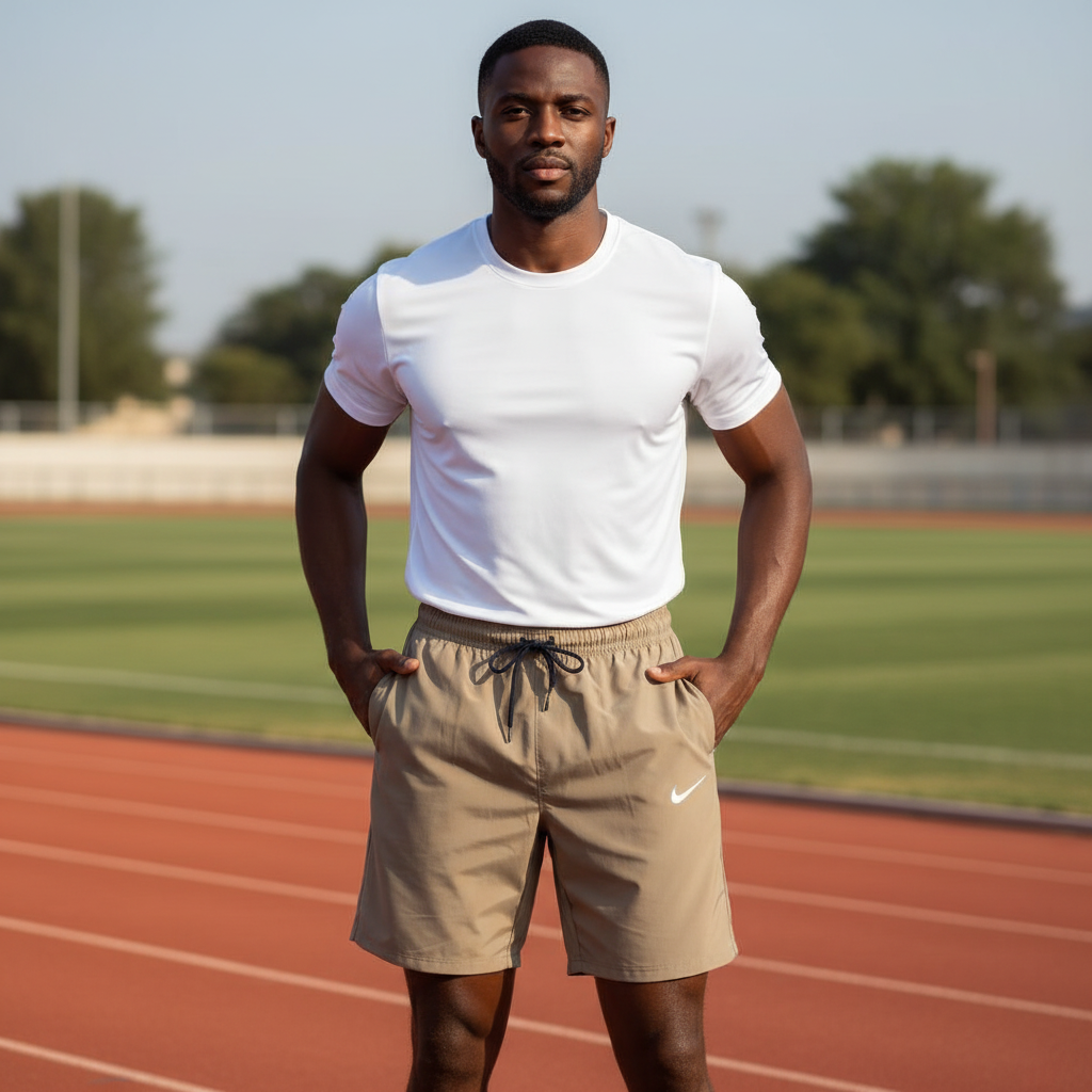Black Nigerian male model wearing khaki premium pro sport shorts with sport jersey on running track