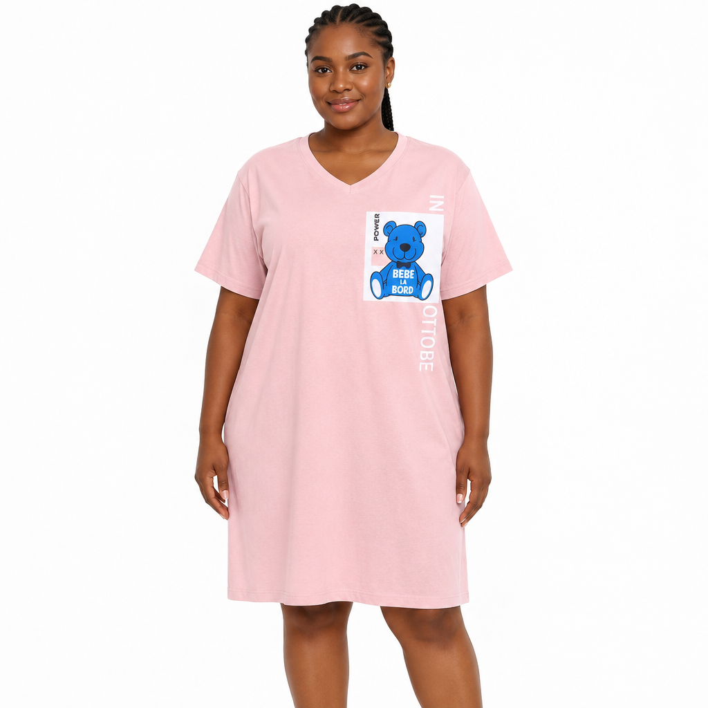 Black Nigerian woman wearing shorter blush teddy-print nightgown