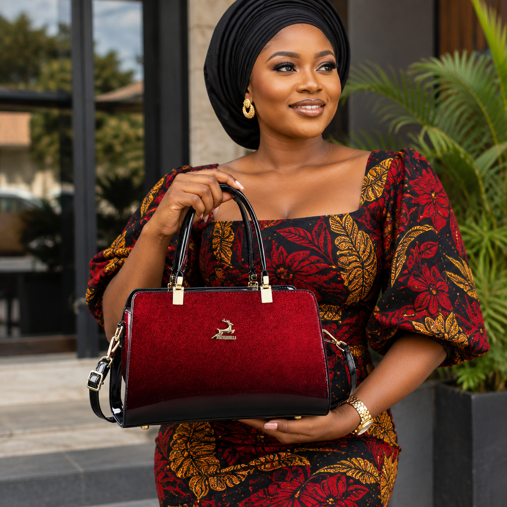 Nigerian woman holding red gradient structured handbag