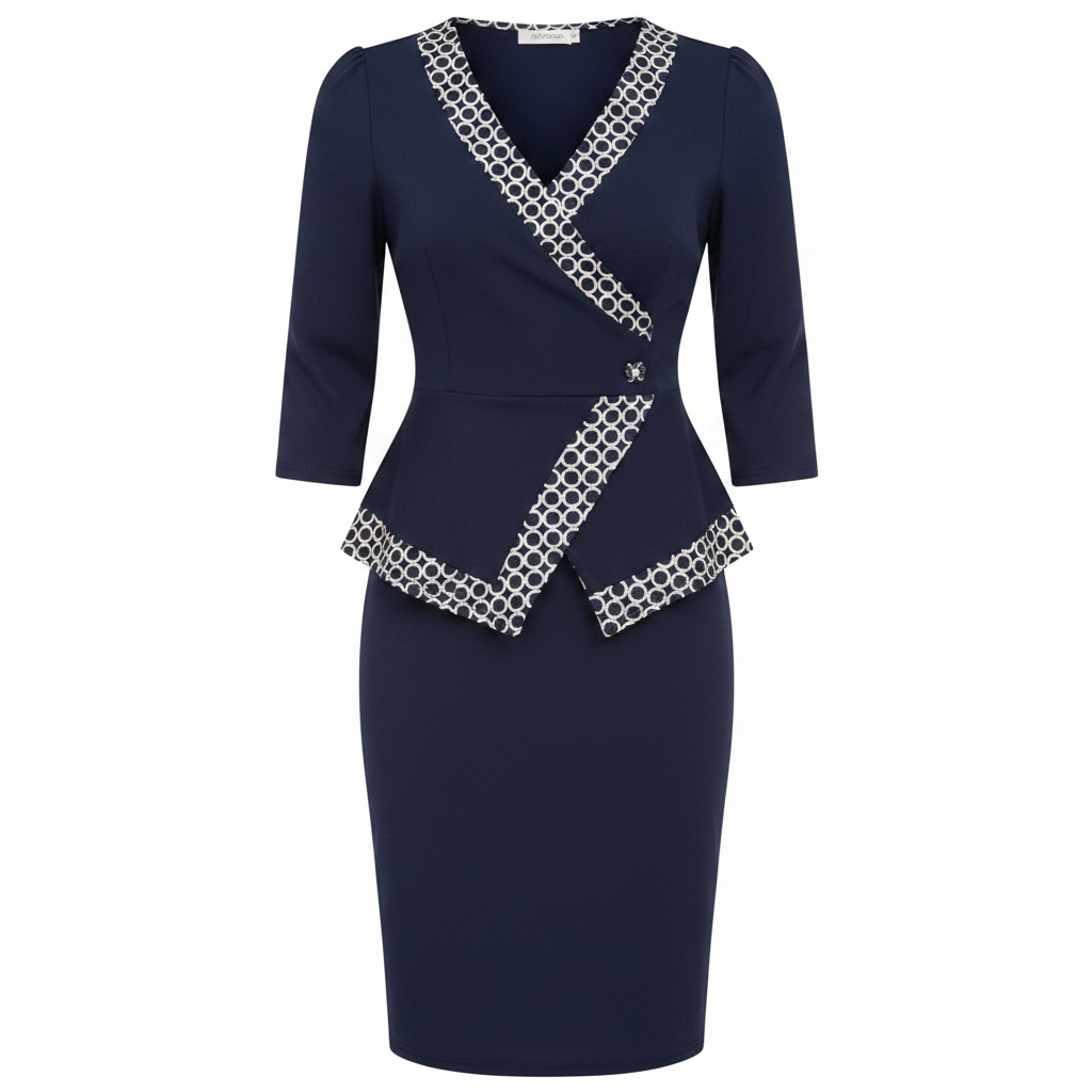 Ghost mannequin view of Women's Navy Blue Geometric-Trim Peplum Top & Midi Skirt Co-Ord Set