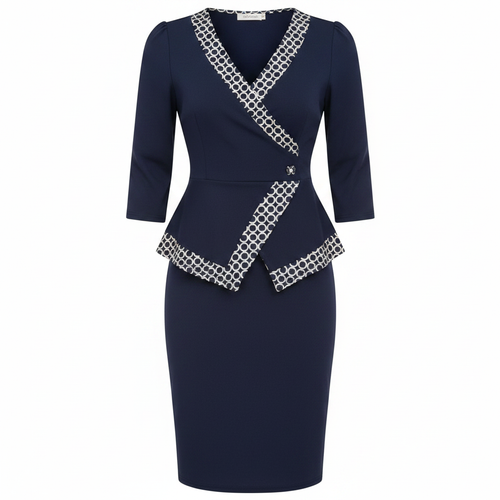 Ghost mannequin view of Women's Navy Blue Geometric-Trim Peplum Top & Midi Skirt Co-Ord Set