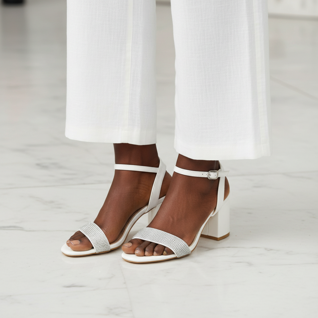 Women's Rhinestone-Band Block Heel Ankle Strap Sandal - White Model Editorial Leg Zoom