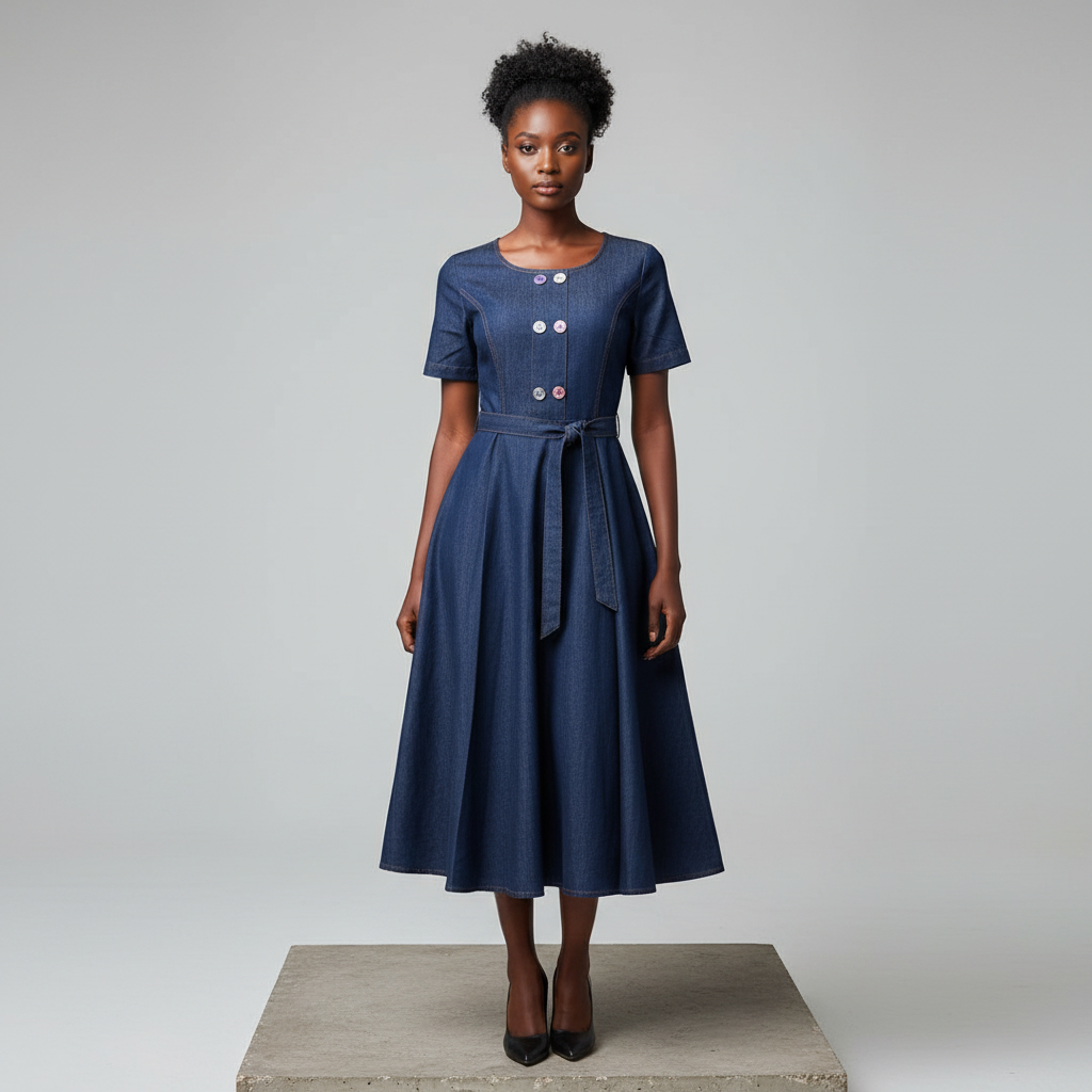Navy Blue Denim Midi Dress - Model Front