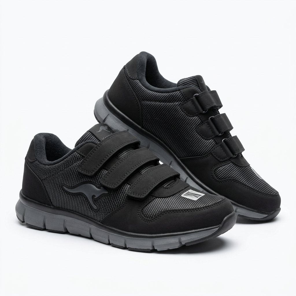 Pair of charcoal mesh triple-strap sneakers on white background