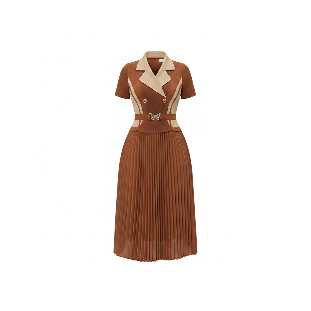 Women's caramel brown lapel butterfly-belt pleated midi gown – ghost mannequin front view