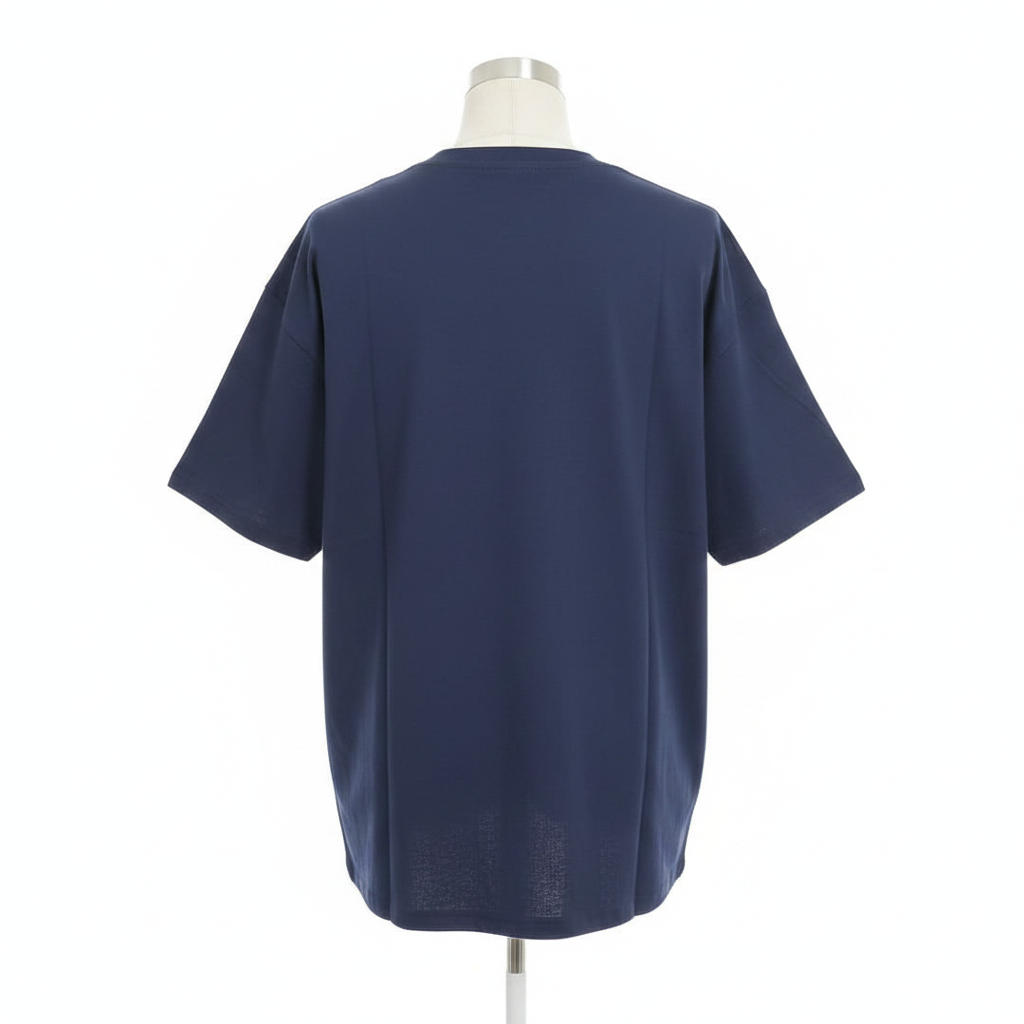 Ghost mannequin back view of navy blue cartoon graphic short-sleeved shirt