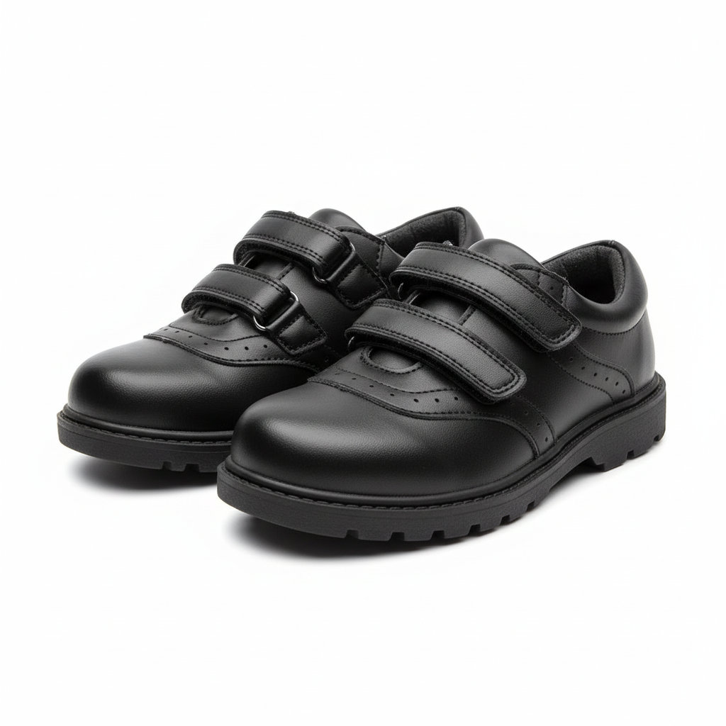 Black Double Velcro Leather School Shoe - Ghost Mannequin