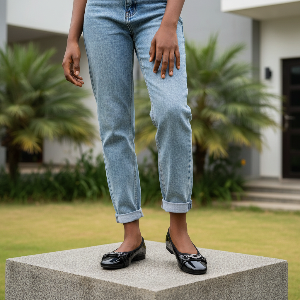 Nigerian model wearing black croc-embossed chain-link hardware square-toe ballet flats - both feet styled