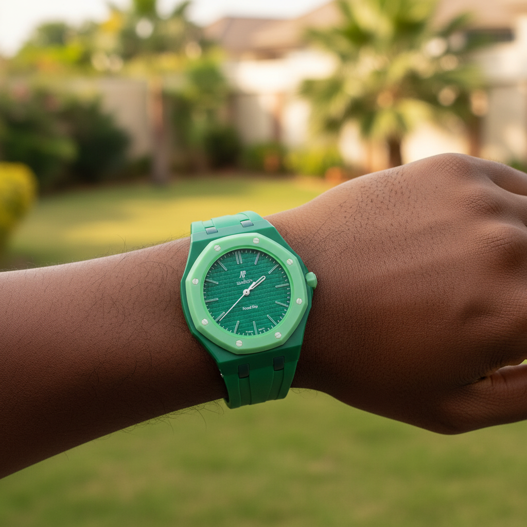 Nigerian model wearing unisex all-green monochrome octagonal pop watch with waffle dial on wrist