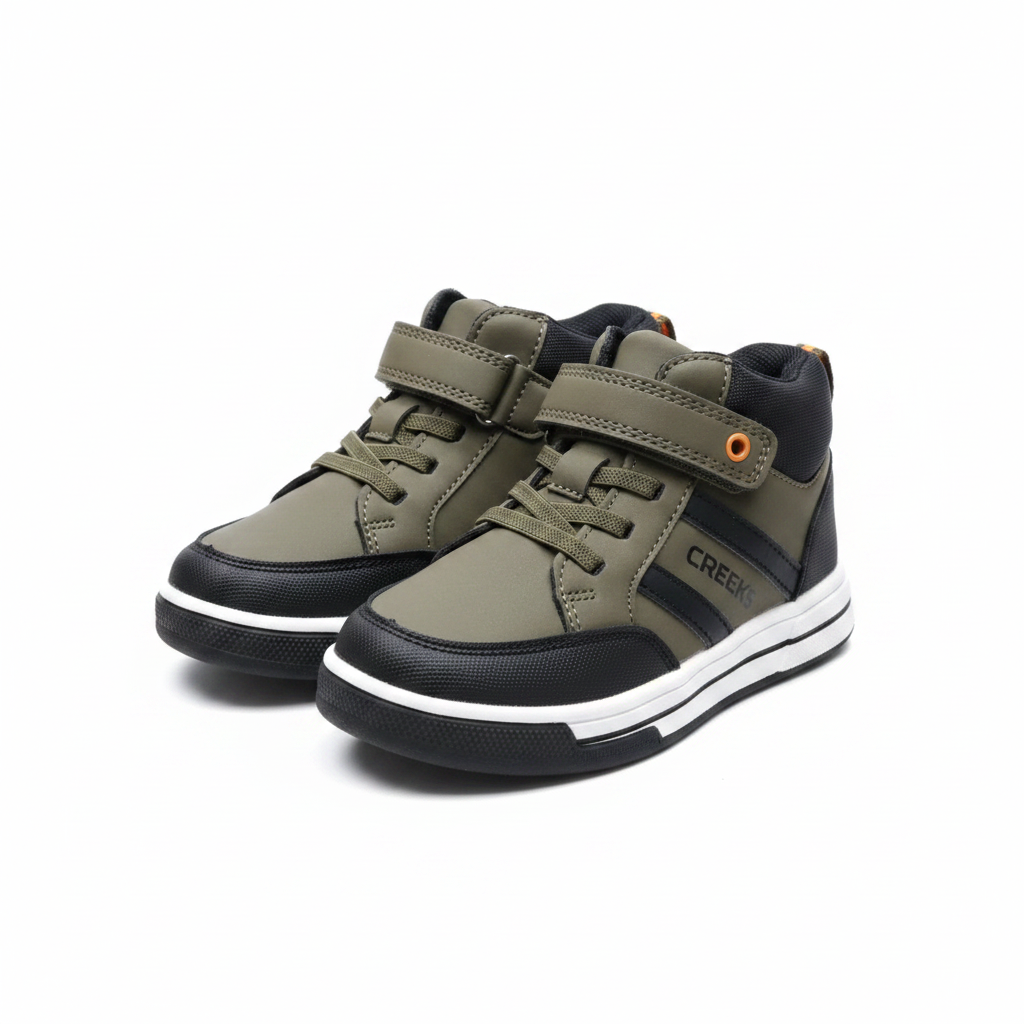 Kids' olive green and black velcro chunky sneakers ghost mannequin pair view