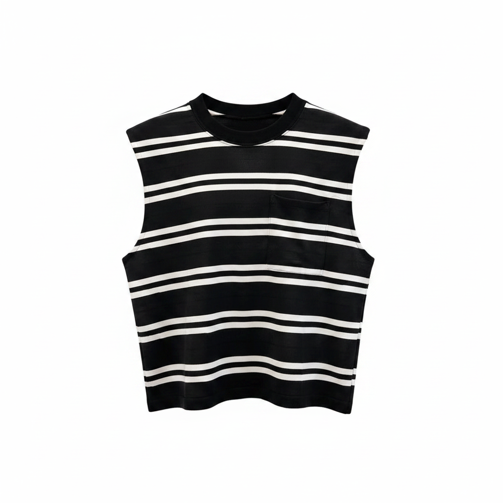 Men's black and white fine-stripe sleeveless vest – ghost mannequin front view