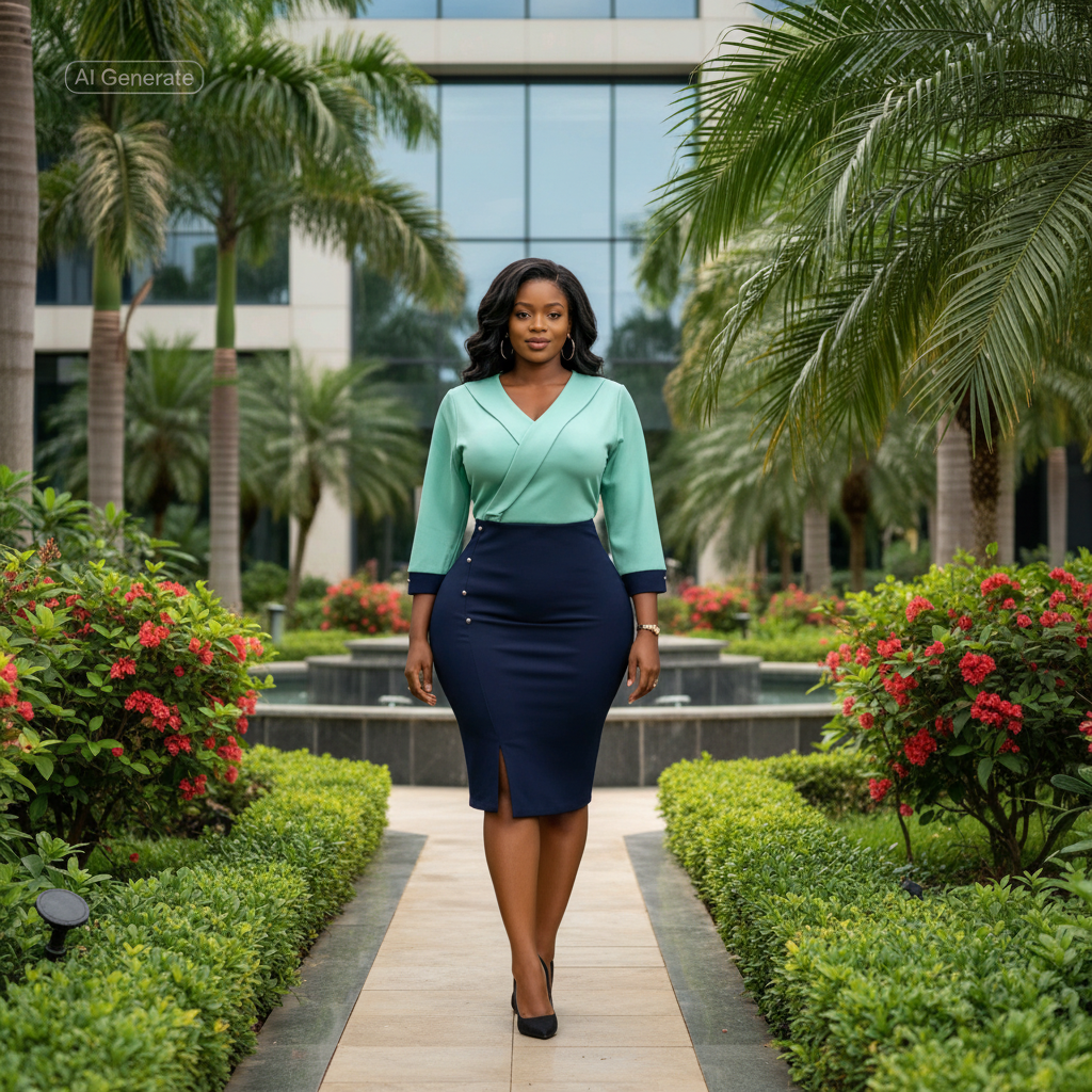 Nigerian female model wearing mint green and navy wrap top pencil skirt co-ord set