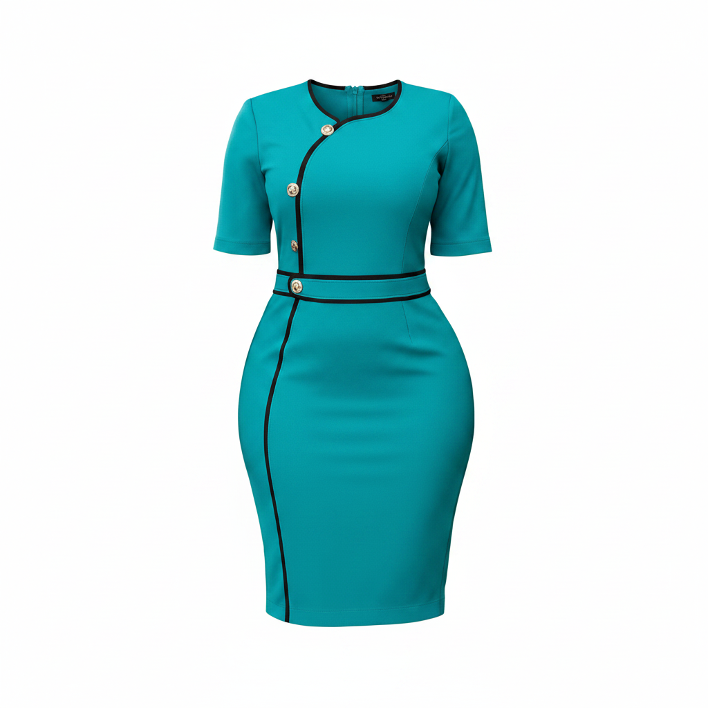 Women's teal black piping trim gold button bodycon midi dress - ghost mannequin view