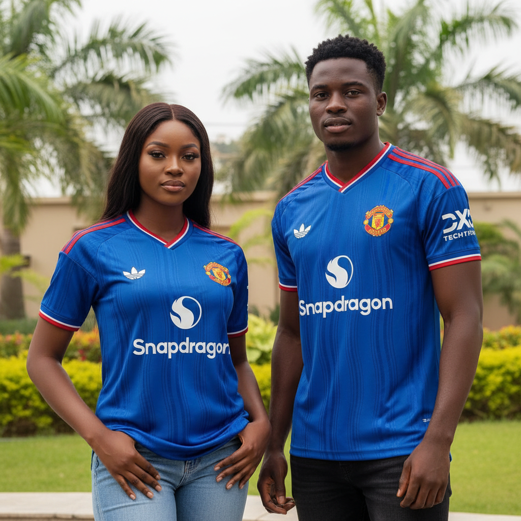 Nigerian female and male models wearing royal blue V-neck texture football jersey with red shoulder stripes
