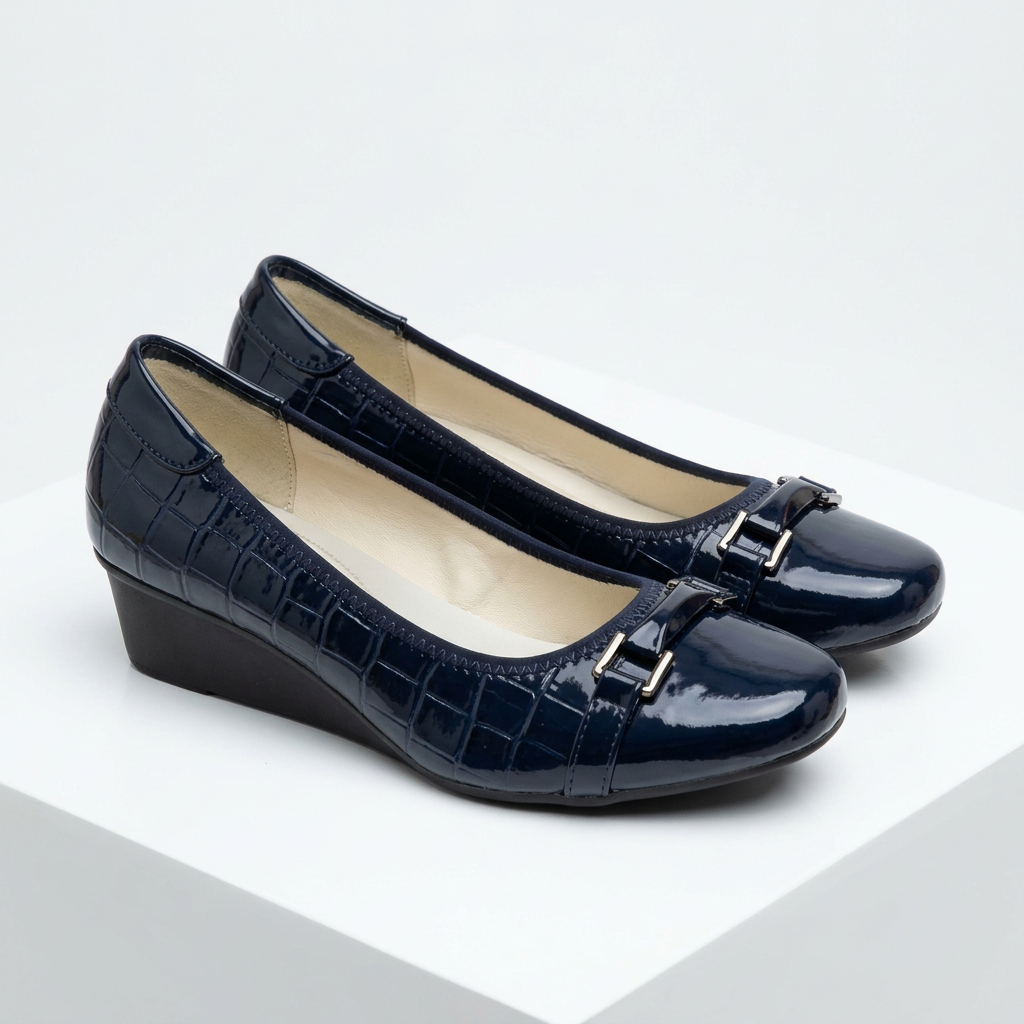 Matching navy croc-embossed buckle-strap wedge shoes