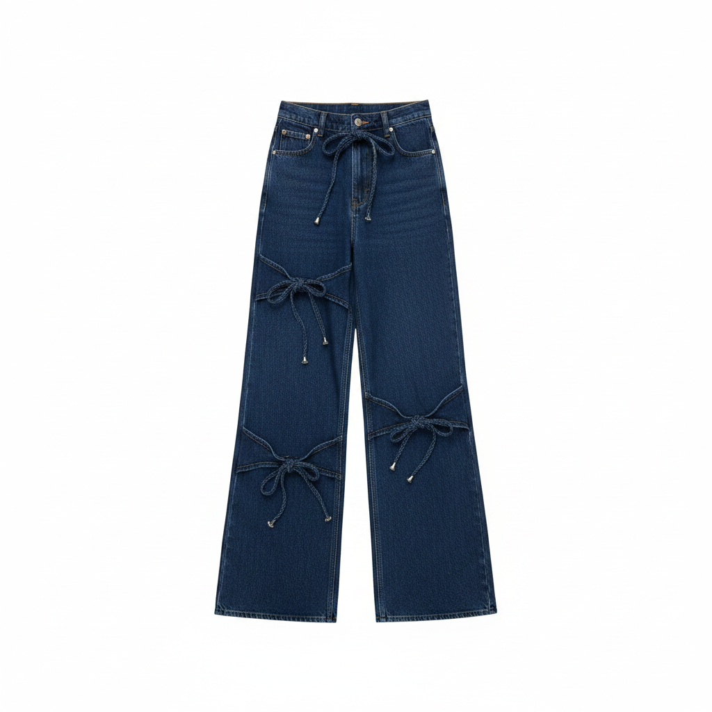 Ghost mannequin — Women's Dark Blue Wide-Leg Denim Jeans with Rope Tie Detail