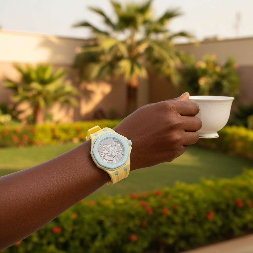 Nigerian female model wearing unisex yellow and light blue octagonal skeleton pop watch with exposed movement on wrist