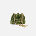 Enemuo Beaded Cage Frame Evening Clutch in Olive Green – ghost mannequin on white background
