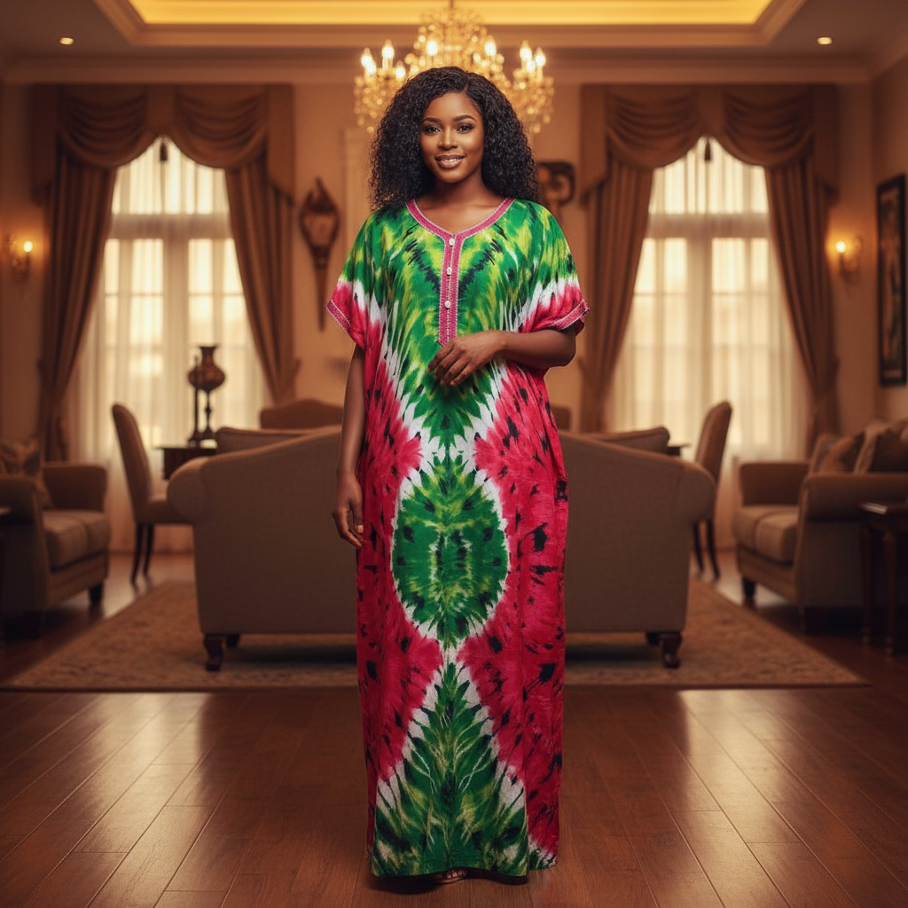 Model shot – Bose Ventures Multicolour Tie-Dye Adire Boubou Kaftan