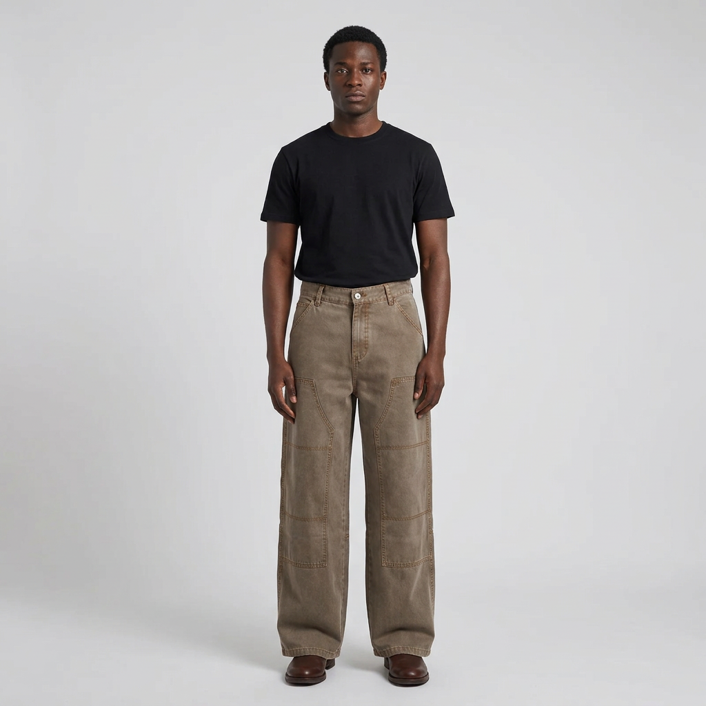 Full-body male model wearing washed brown panelled trousers