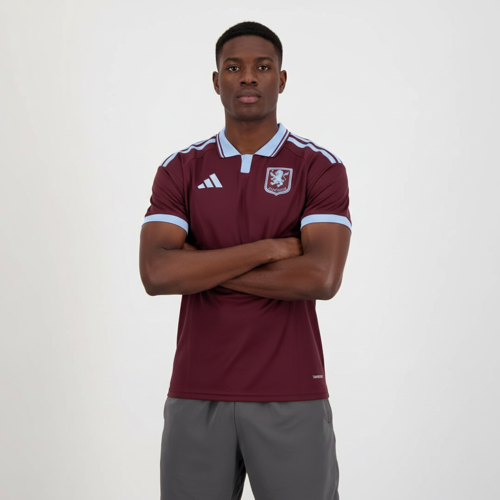 Nigerian male model wearing Aston Villa home jersey