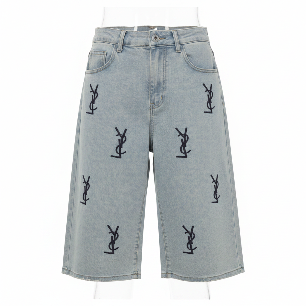 Ghost mannequin of grey monogram denim bermuda shorts