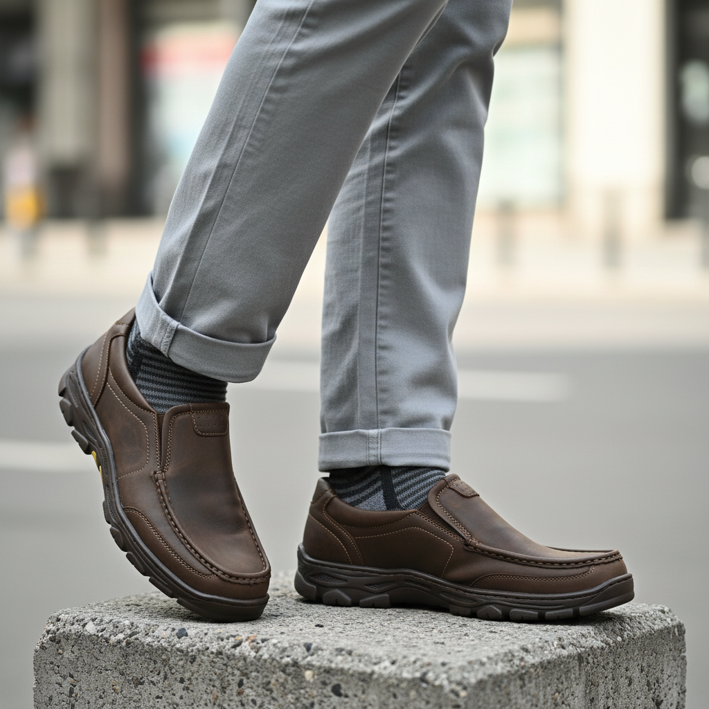 Model wearing dark brown waxed leather slip-on walking shoes with lug sole leg shot
