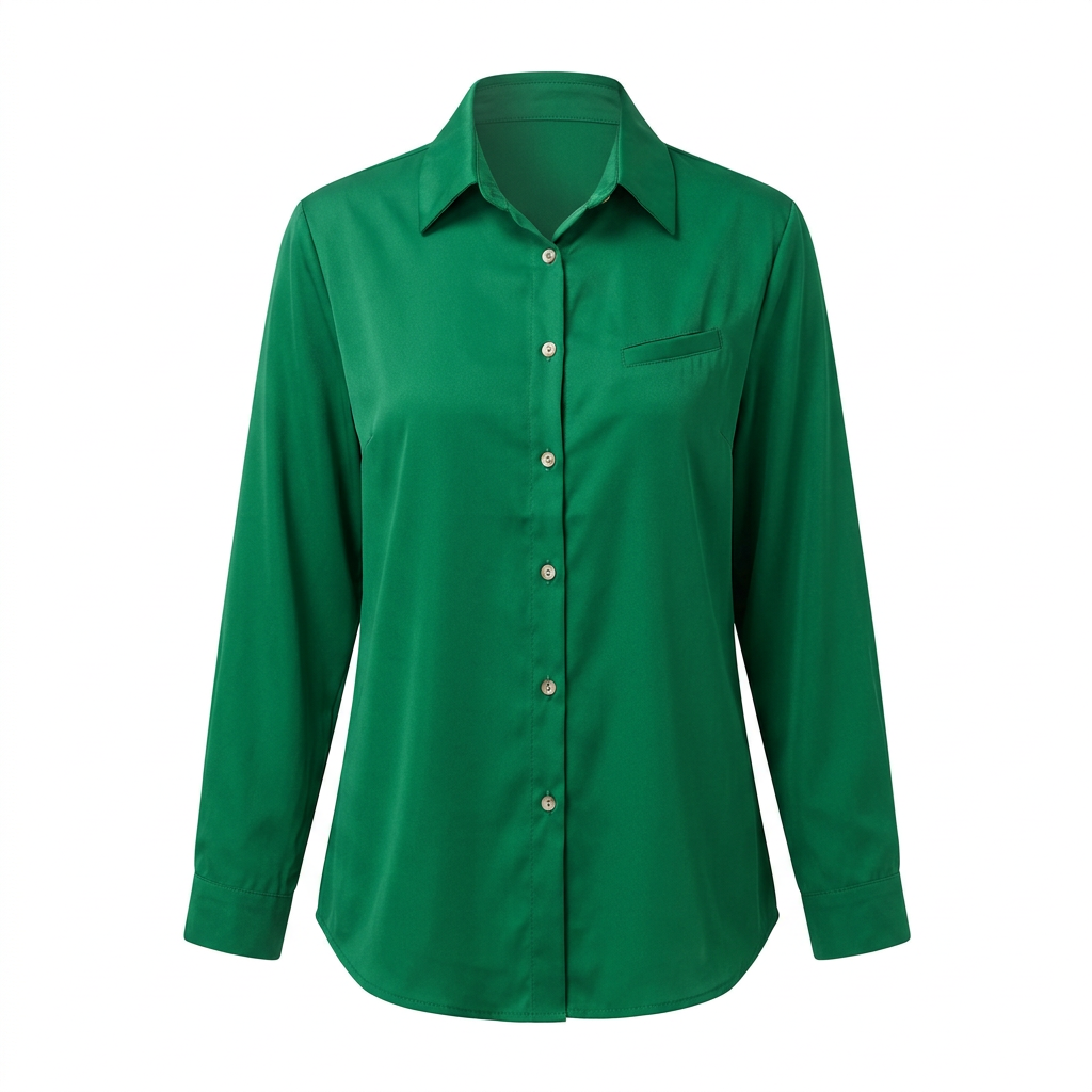 Women’s green long-sleeve collared shirt on an invisible mannequin