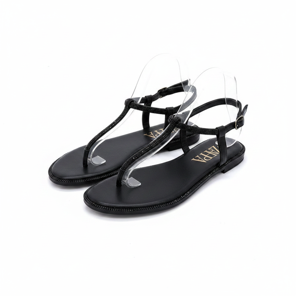 Women's Rhinestone-Edged T-Strap Flat Thong Sandal - Black Ghost Mannequin