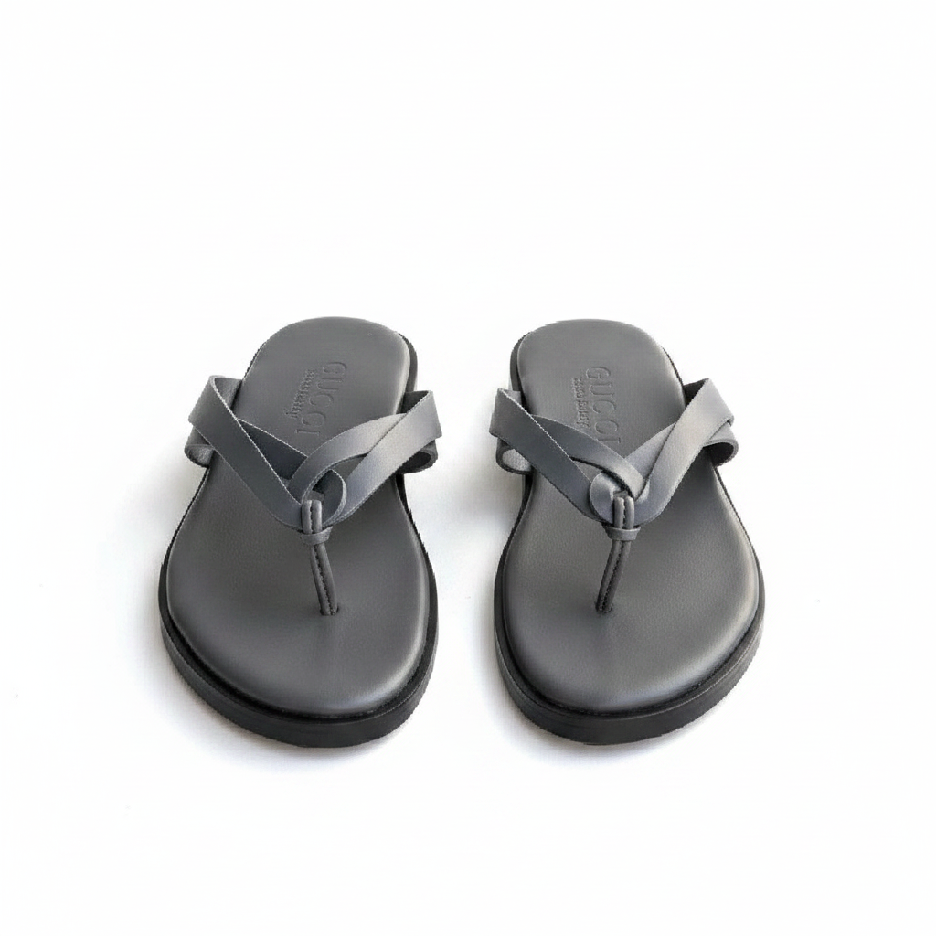 Men's charcoal grey leather thong flip-flop slipper — ghost mannequin view