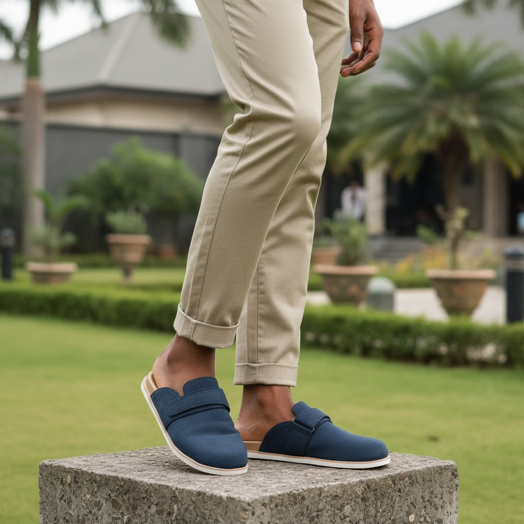 Nigerian male model leg-focused shot wearing navy suede closed-toe mule slipper with tan insole pair