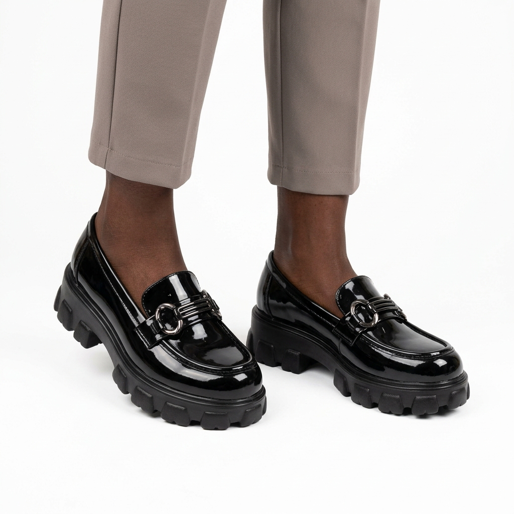 Adult woman wearing black glossy ring-detail chunky loafers