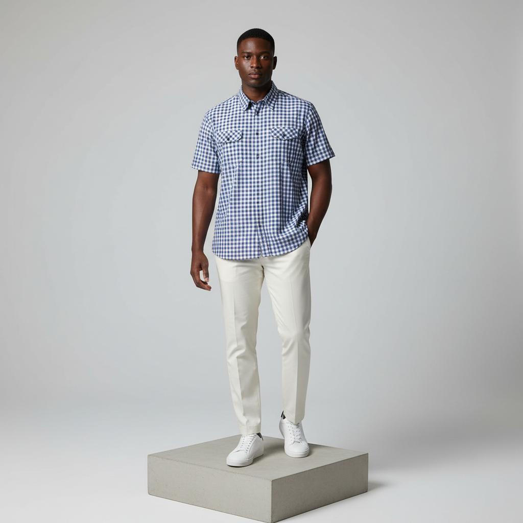Navy White Gingham Short-Sleeved Shirt - Model Shot