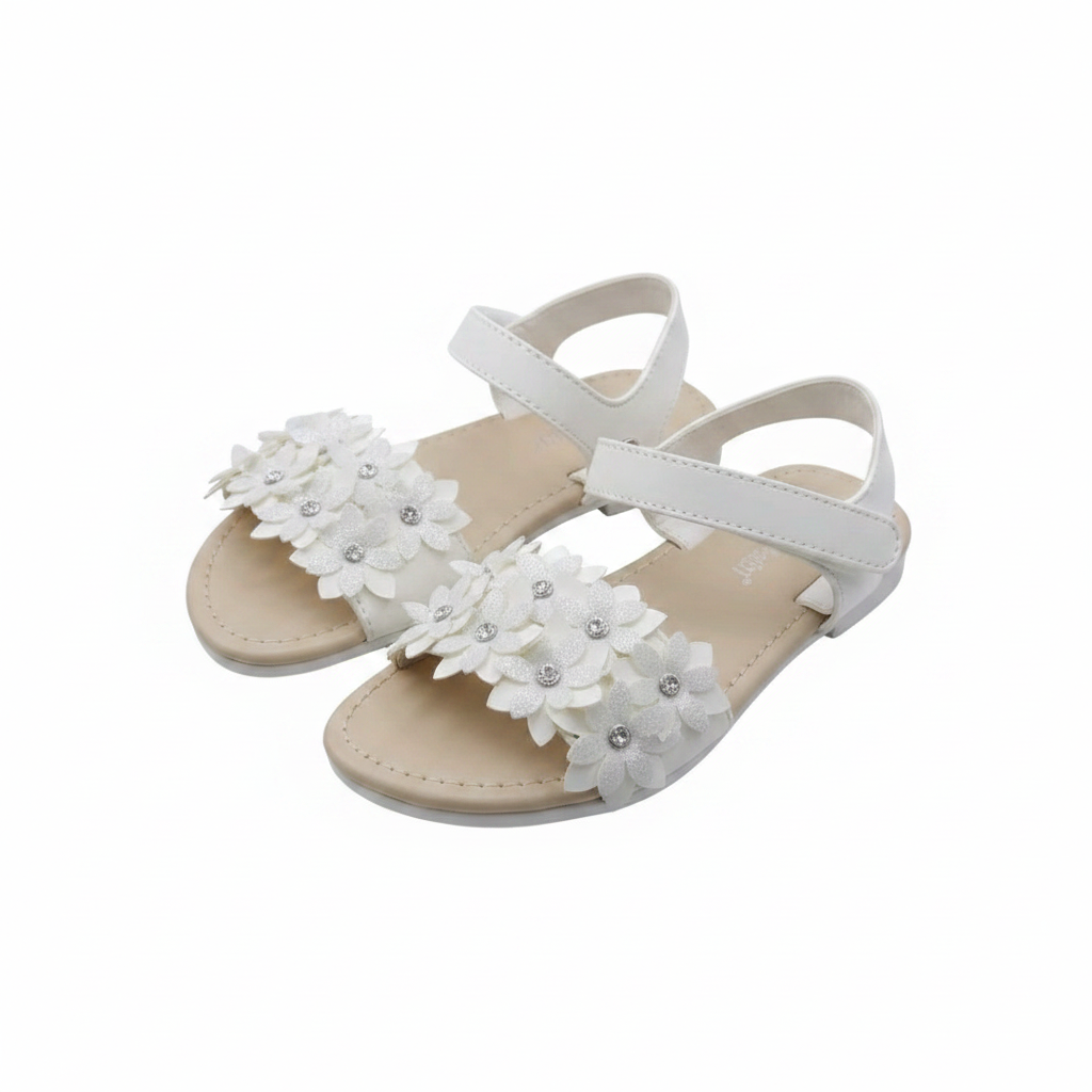 Girls white 3D floral cluster rhinestone velcro sandal ghost mannequin pair view