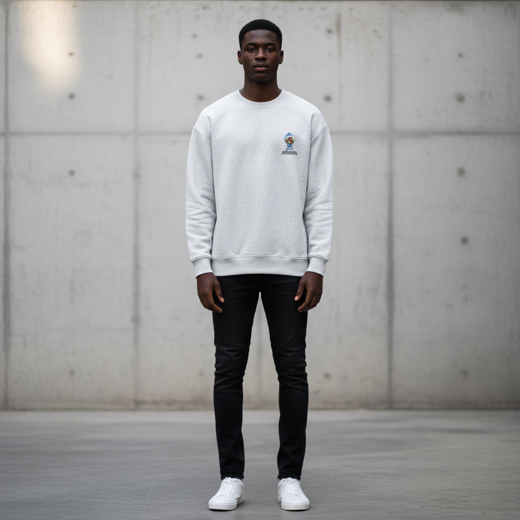 Male model wearing white grey The Weeknd gumball machine sweatshirt chest logo