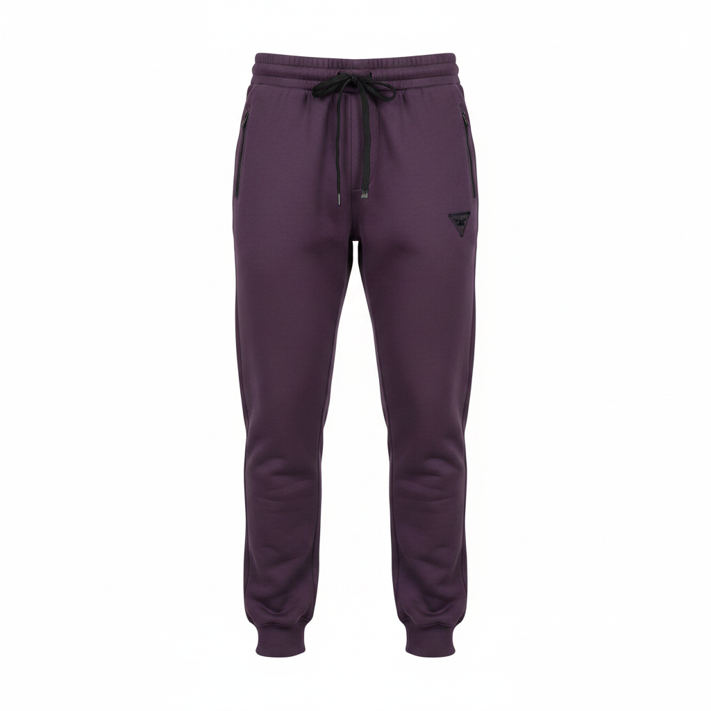 Men's deep purple straight-leg jogger pants ghost mannequin front view white background