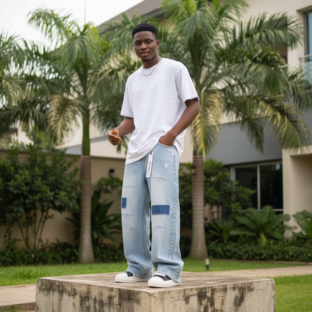 Nigerian male model full body wearing men's light blue navy patch wide-leg baggy denim jeans