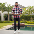 Nigerian male model wearing red navy grey check long-sleeved shirt, front view