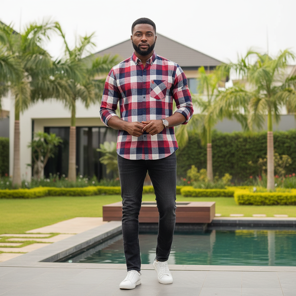 Nigerian male model wearing red navy grey check long-sleeved shirt, front view