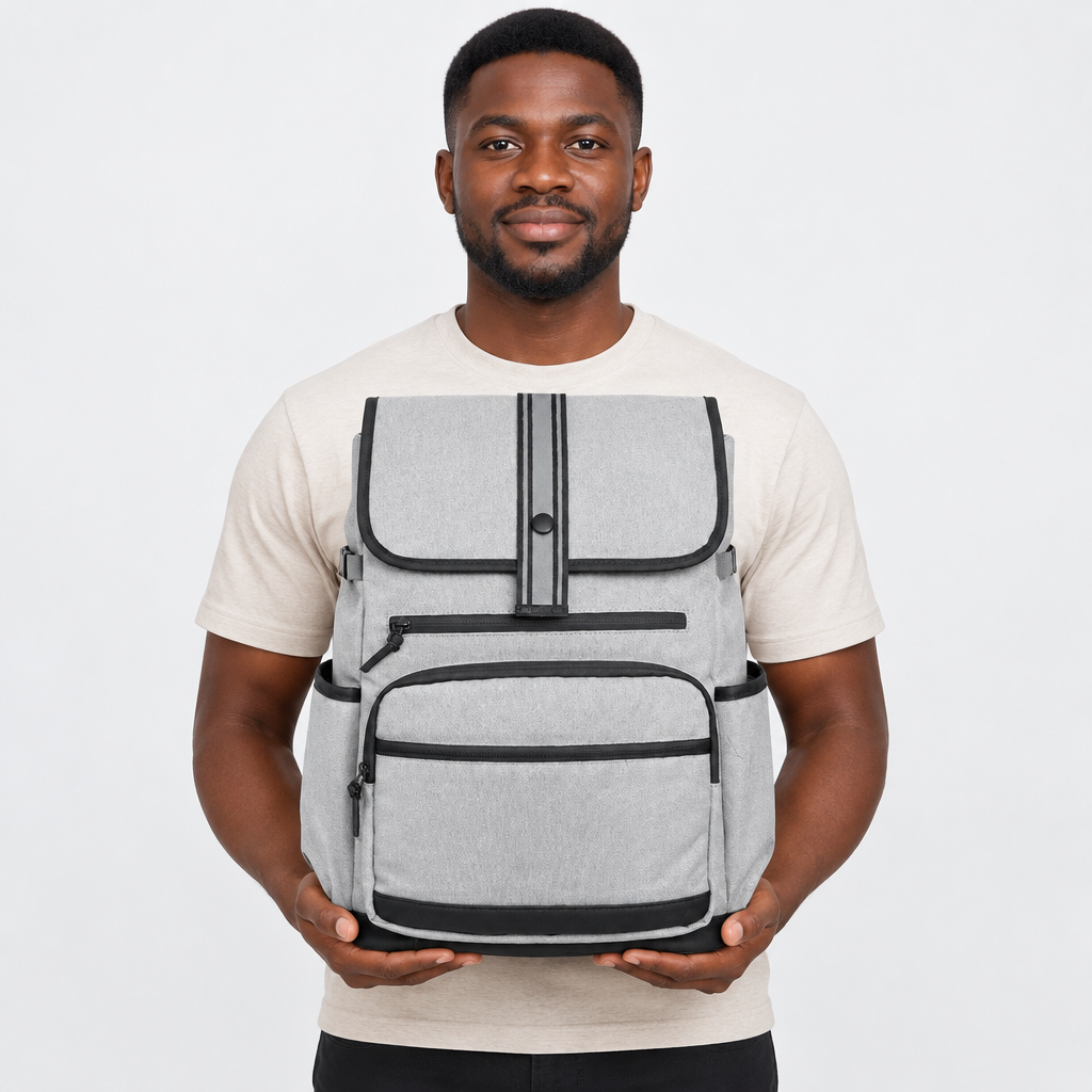 Adult model holding a light grey backpack with black trim
